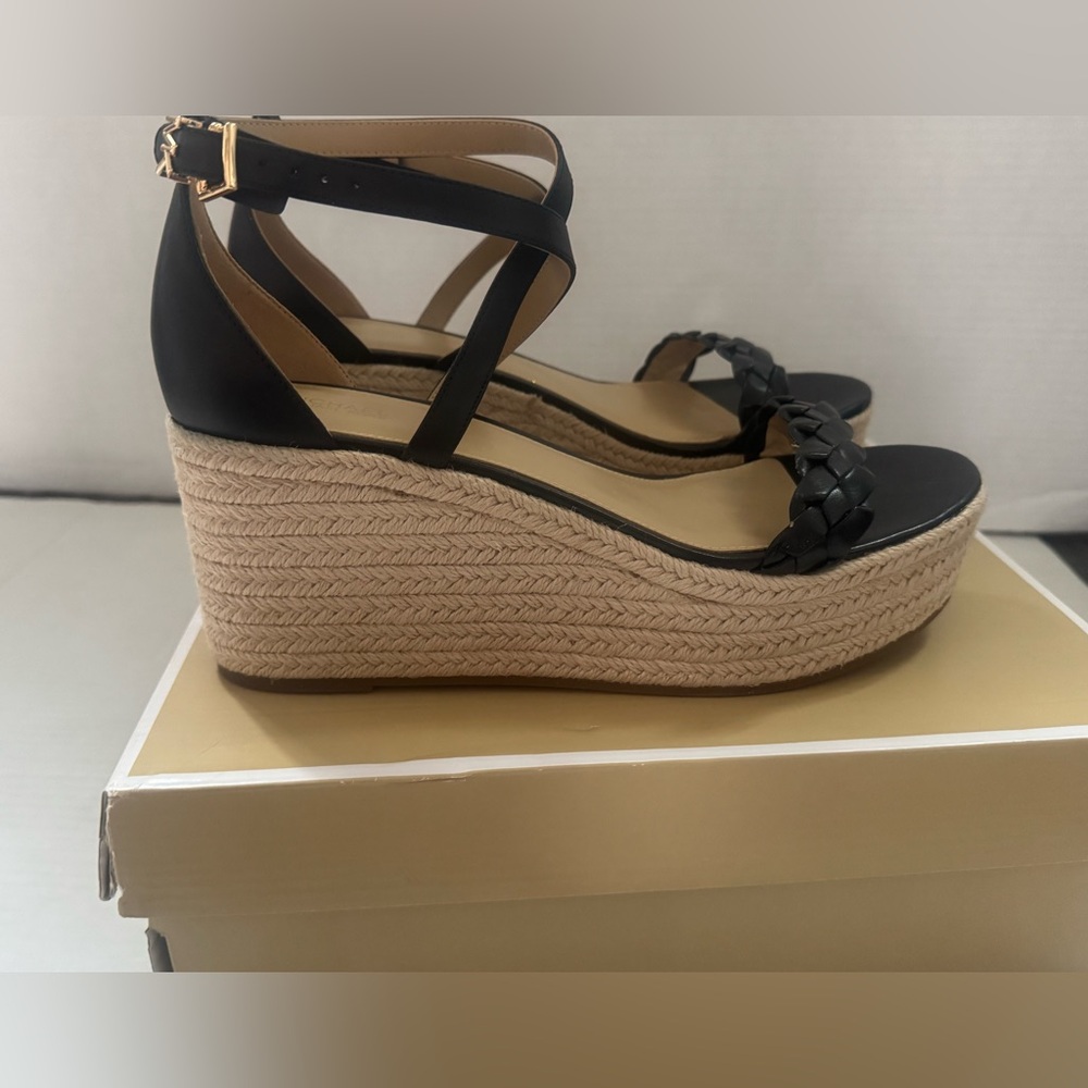 MICHAEL Michael Kors Black and Natural Espadrille Wedge Sandals